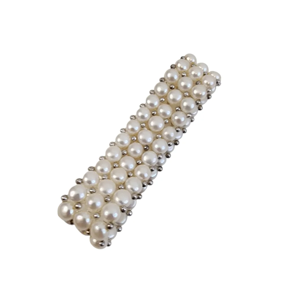 White Pearl Bracelet 3 Tiers Silver Beads Genuine Pearls Art Deco + A0362 Q7